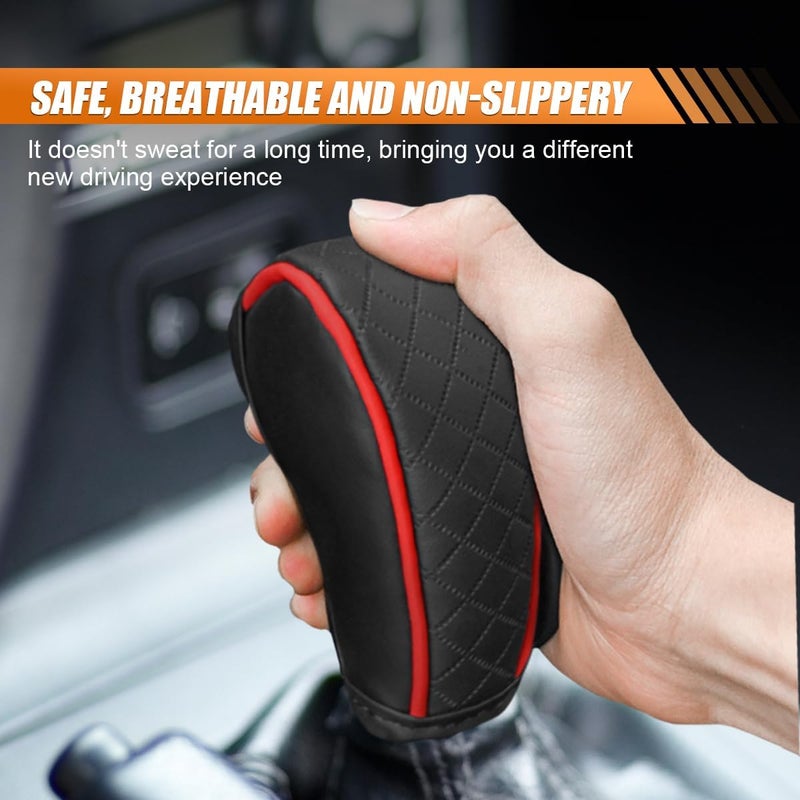 BDZMC Leather Car Gear Shift Cover, Anti-Slip Dust Waterproof Gear Shifter Stick Protector, Soft Breathable Universal Automotive Shift Knob Decoration Accessories, Fit Car, SUV, Truck (Black&Red) - Image 4
